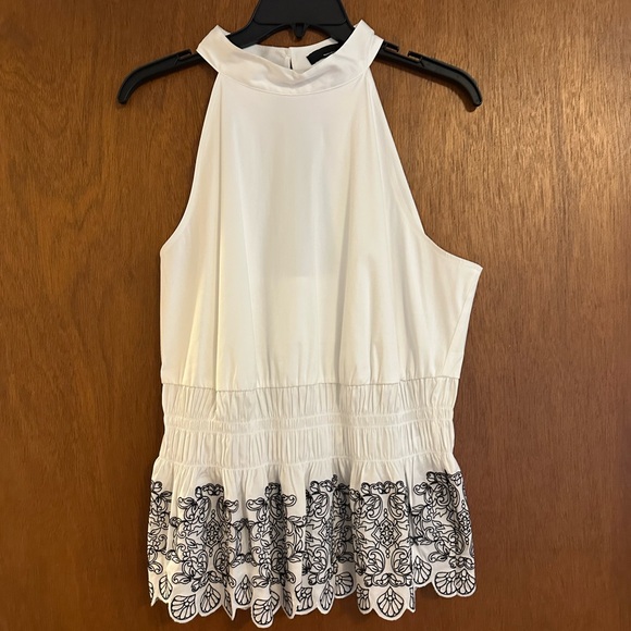 White House Black Market Tops - White House Black Market White Top with Black Floral Detail